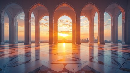 Fototapeta premium Sunrise view from a grand arched colonnade