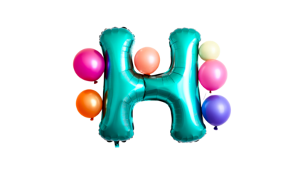 Party teal letter H with balloons, festive style, cutout transparent