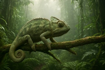 Green Chameleon Blending into Jungle Environment