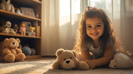 Joyful girl laughing with teddy pictures