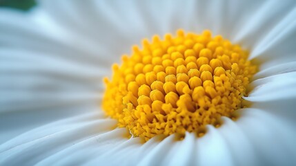 A close-up of a freshly bloomed daisy, with detailed petal textures and a vibrant yellow center.