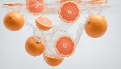 Grapefruit Fruits In Fresh Clear Transparent Water White Background