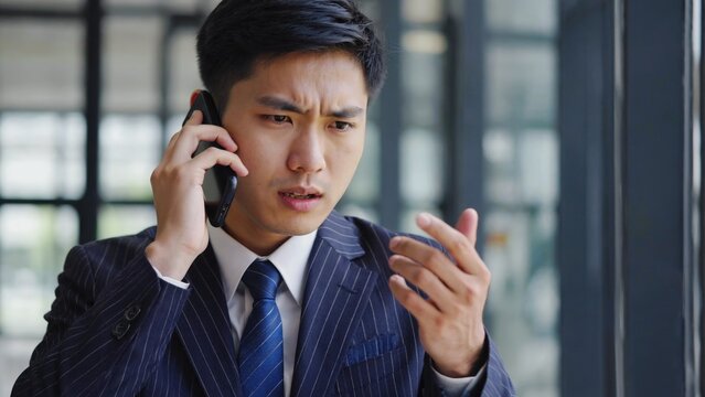 An Asian man in a business suit talking on a cell phone, looking confused and overwhelmed with messages or communication issues.
