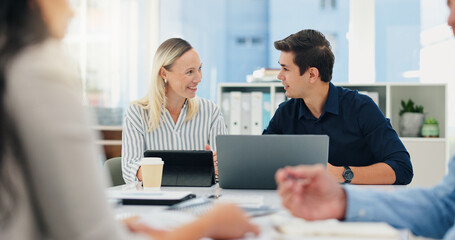 Talking, laptop and teamwork with business people in meeting for advisor, investment portfolio and planning. Discussion, account manager and tablet with happy employees in office for partnership