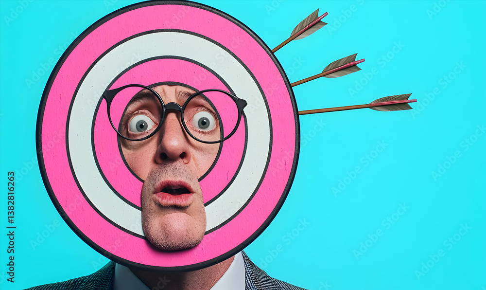 Poster man with target face and arrows in a colorful archery concept