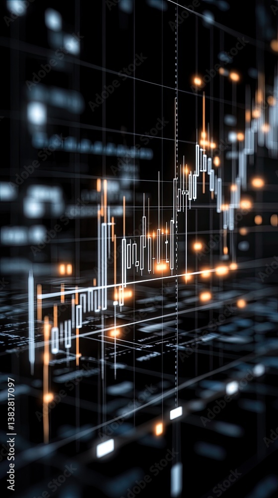 Poster dynamic trading data displayed with candlestick charts in vibrant colors against a dark backdrop, il