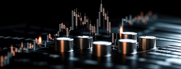 Dynamic trading data displayed with candlestick charts in vibrant colors against a dark backdrop, illuminated by cinematic bokeh lighting