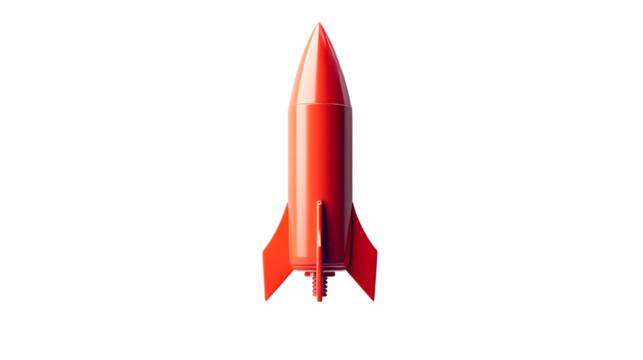 Bright red rocket with fins taking off, sci-fi exploration, cut out transparent
