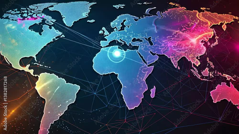 Poster a vibrant representation of the world map, showcasing intricate lines of light that symbolize global