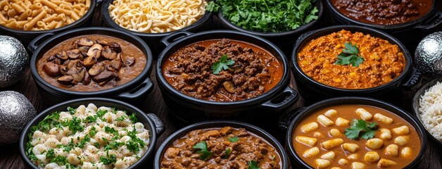 Fototapeta premium A variety of popular city main dishes including casseroles, hot chicken strips, and omelets are beautifully displayed for food lovers.