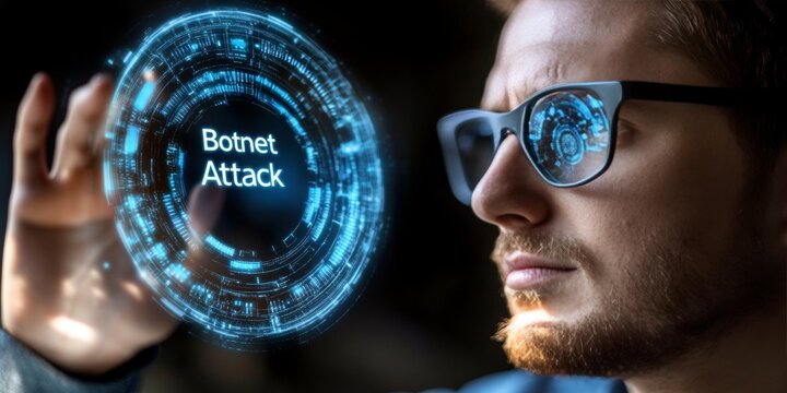 Cybersecurity professional preventing botnet attack, network safety visualization of dangers