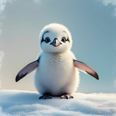 Obraz premium Fluffy Baby Penguin Perched on Snowy Surface with Big Curious Eyes and Splayed Flippers