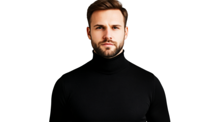 Serious man in a black turtleneck portrait, cut out transparent