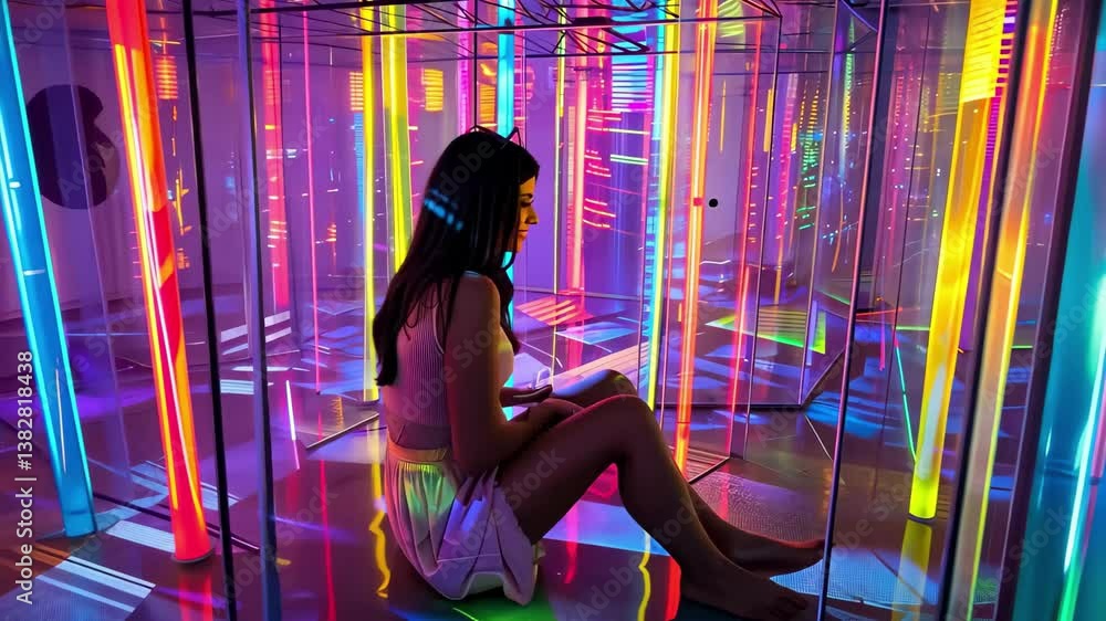 Poster a person relaxes on the floor amidst colorful beams of light reflecting off transparent walls in an 