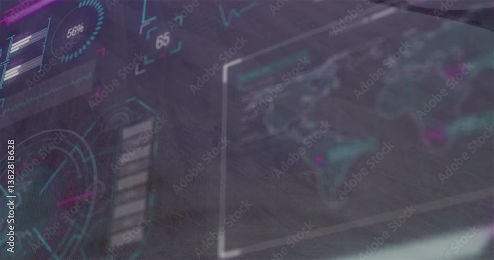 Poster animation showing world map and data analytics on digital interface background