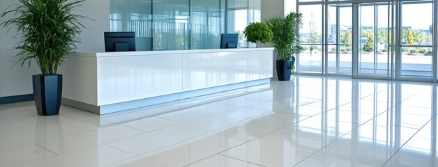 Contemporary office space featuring a glass-walled reception area with a minimalist desk, enhanced by bright LED lighting and greenery