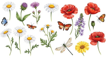 Watercolor illustrations of wild flowers and insect on white background