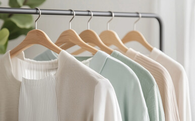 Minimalist pastel wardrobe with neutral and striped blouses