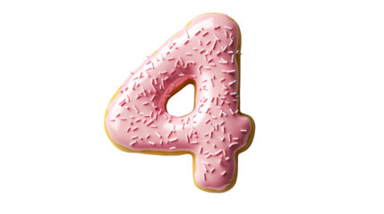 Number four sweet donut with pink frosting, cut out transparent
