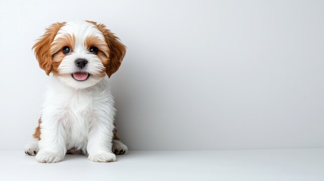 An adorable fluffy Cavoodle puppy sits against a plain white background happily panting with its tongue out showcasing its charming fluffy fur and sweet expression.