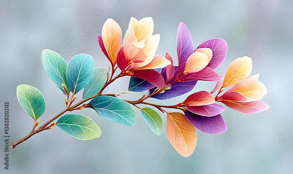 Poster iridescent leaves with dreamy bokeh background in abstract art