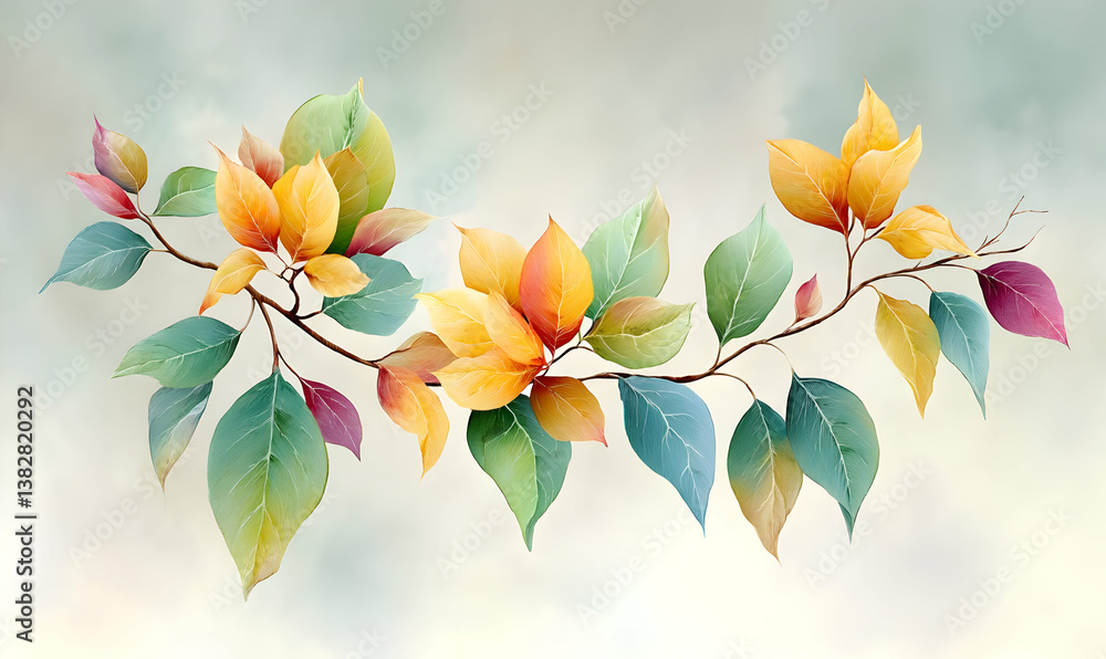 Poster iridescent leaves with dreamy bokeh background and abstract vibe