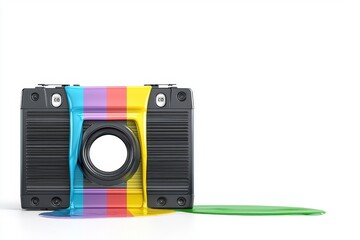 Abstract Camera with Dripping Rainbow Paint on White Background
