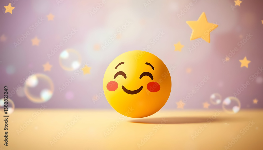 Poster cheerful smiley face with sparkling stars and floating bubbles