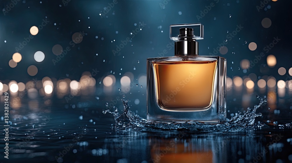 Poster close-up view of a perfume bottle on water, featuring dynamic droplets and a stunning light display 