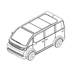 Isometric sketch of a modern minivan with a sleek design. Vector line drawing perfect for infographics, technical blueprints, and mobility design concepts.