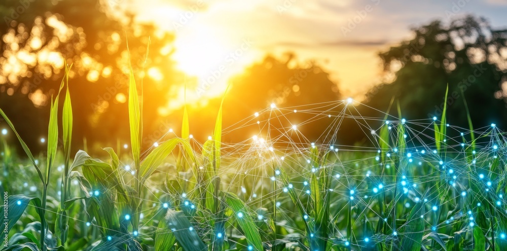 Poster the nighttime view of a smart farm reveals a digital grid that enhances the structure of crop rows, 