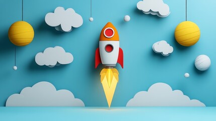 A cartoon rocket ascends into space, surrounded by a variety of colorful planets and clouds. This charming image is ideal for conveying dreams, exploration, or new starts