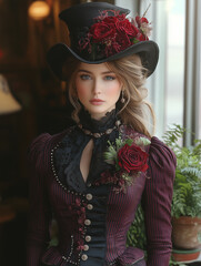 Portrait of a young woman dressed in elegant eighteenth century Victorian gown, showcasing graceful historical fashion, sophisticated hairstyle and timeless classical charm of noble era