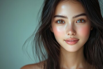 Young beautiful woman with long, shiny, dark hair, clean, smooth skin smiles. Brunette female with perfect face, healthy look, in studio. Beauty, wellness, spa, fashion and hair care concept