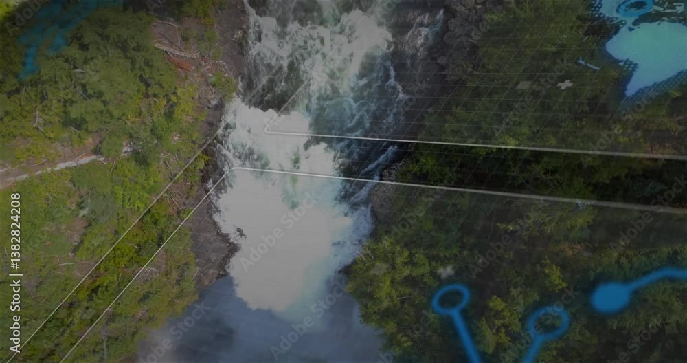 Poster waterfall flowing through lush forest with digital data overlay animation