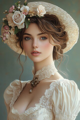 Elegant young woman wearing traditional Victorian clothing poses in front of a historic castle. The image captures the essence of classical style, romance, and vintage fashion in a noble architectural