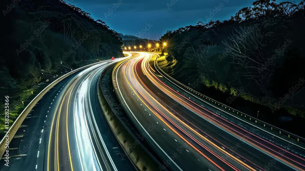 Poster a winding highway illuminated by vehicle lights creates a striking effect against the dark backdrop 