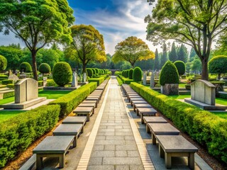 Fototapeta premium Modern Minimalist Cemetery Design: Symmetrical Pathways, Lush Greenery, Stone Benches