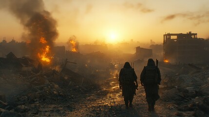 Two figures walk through a destroyed city at sunrise, amidst fire and rubble.  A scene of devastation and survival