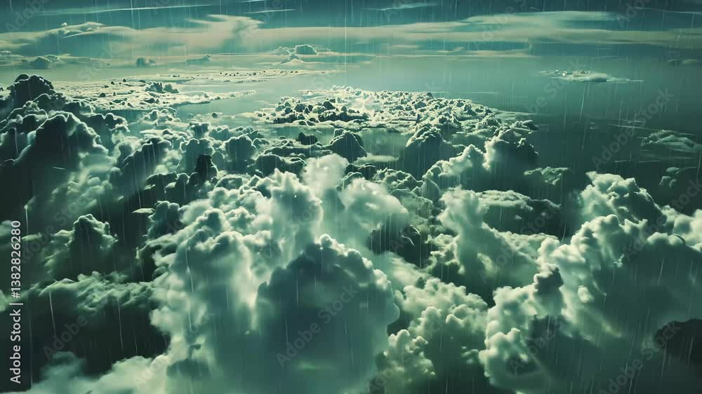 Poster the atmosphere is adorned with a veil of rain cascading through dense clouds at twilight, creating a