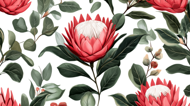Red protea flower with eucalyptus leaves on black, cut out transparent