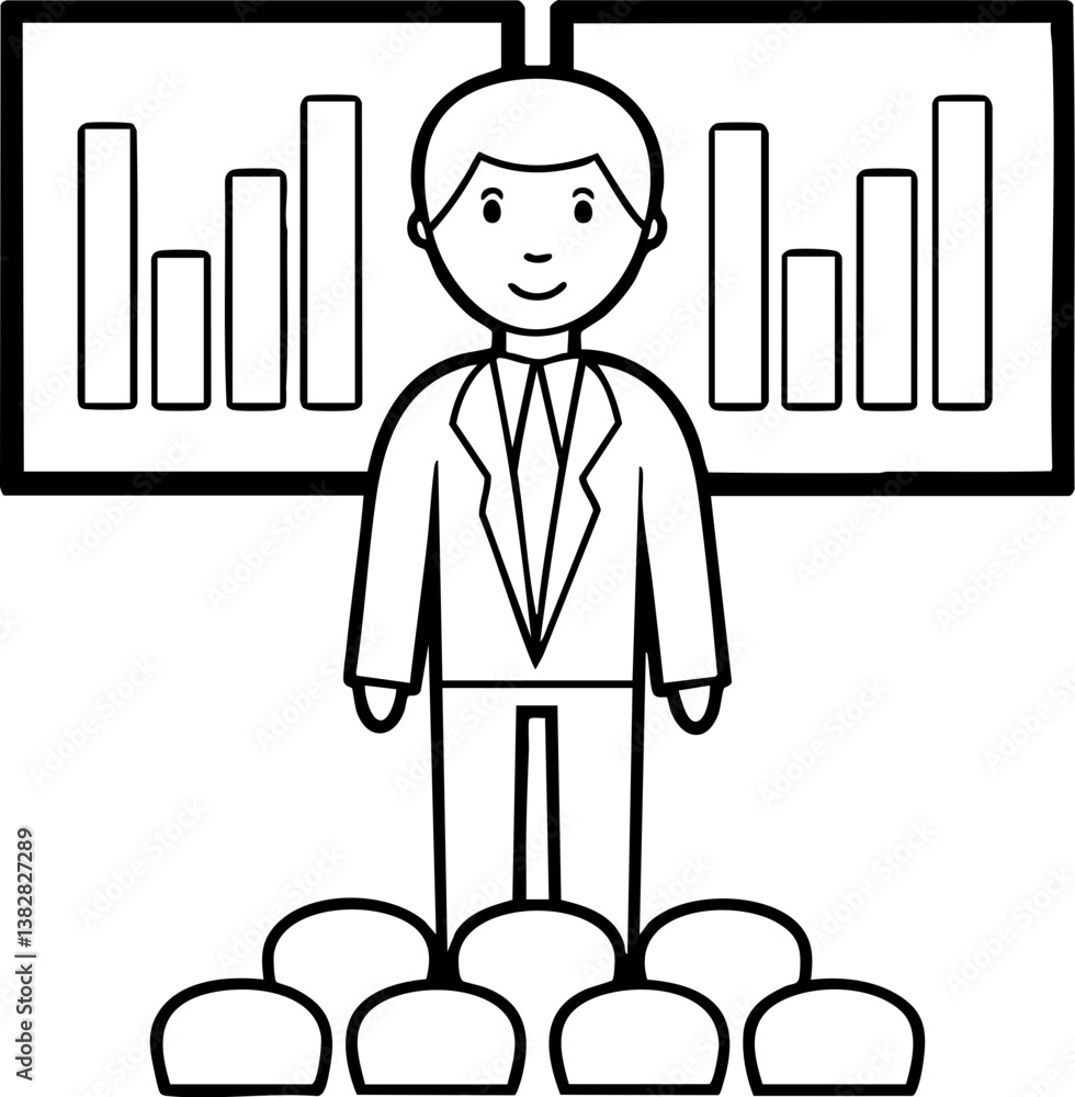 Poster a professional figure stands in front of two bar graph displays, representing data analysis, while a