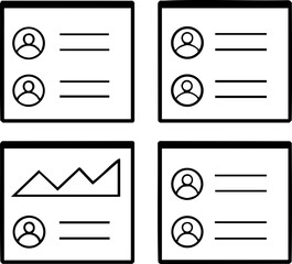 A minimalistic layout featuring four boxes, two with user icons and text lines, and one displaying a graph, suggesting a data or profile presentation.
