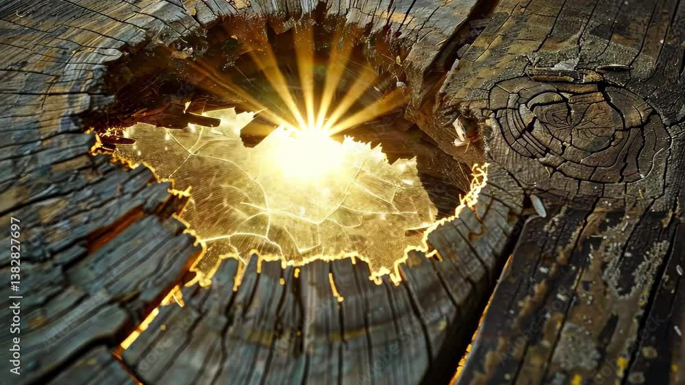 Poster sunlight streams through a hole in worn wood, highlighting floating dust particles in the evening li