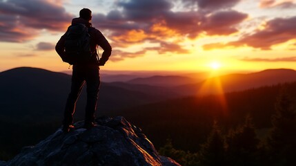 Obraz premium Majestic Sunset Hikers Triumphant View.