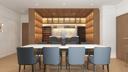 Modern minimalist party room with high chair in front of the bartender shelf and dining table. 3D Rendering