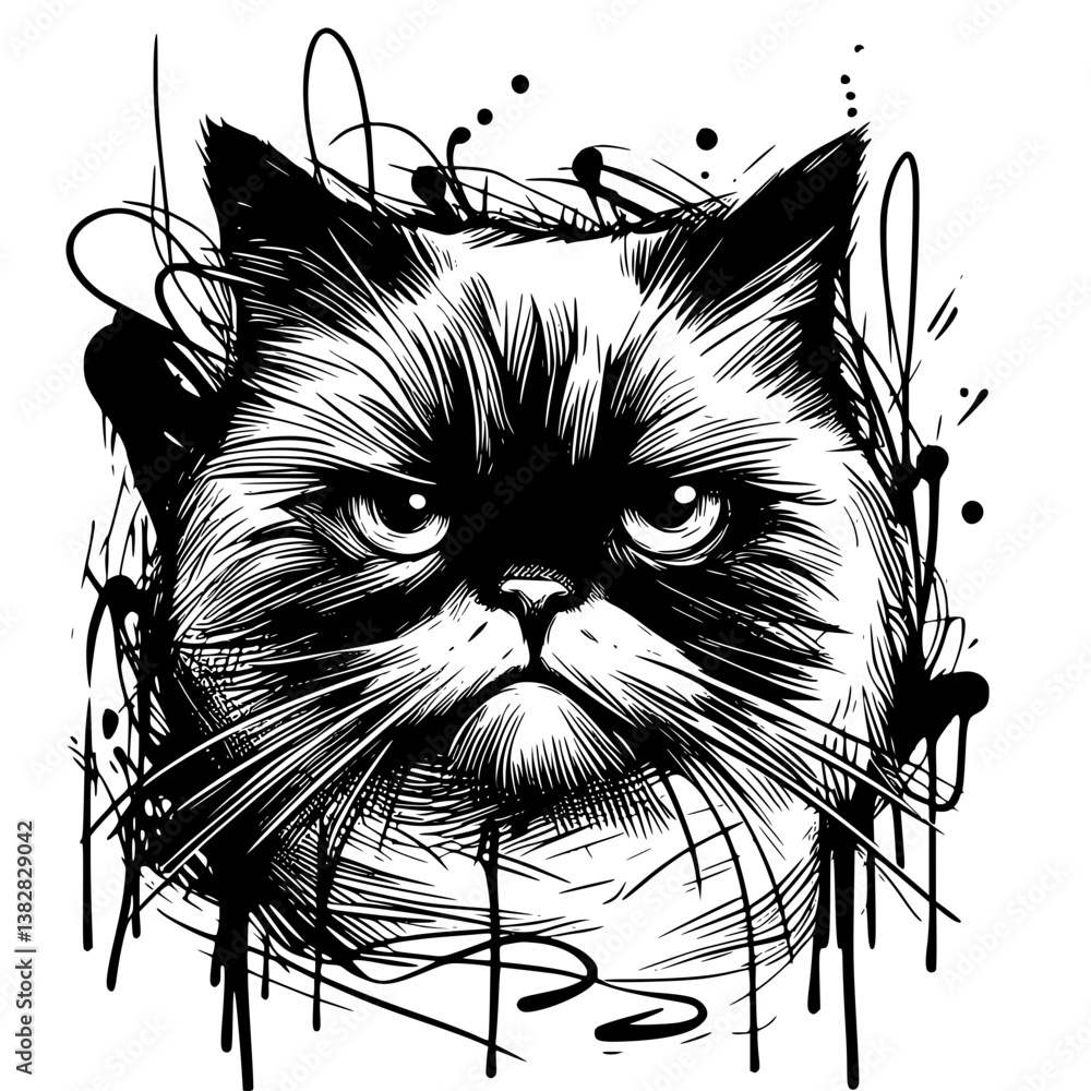 Poster grumpy cat illustration with abstract lines on a transparent background