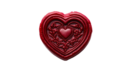 Red heart-shaped sealing wax stamp, love symbol on black, cut out transparent