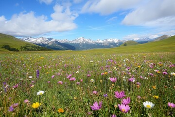 Fototapeta premium A picturesque meadow filled with colorful wildflowers, set against a backdrop of mountains under a bright blue sky.