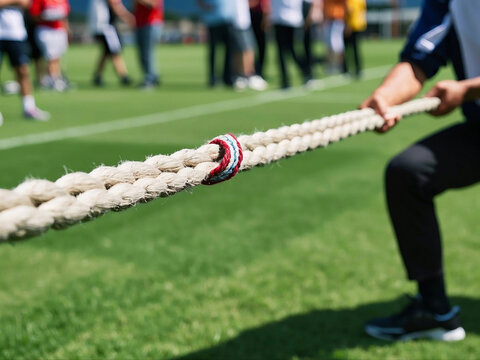 students ,workers or athelets playing tug of war in stadium,Entertainment ,excercise ,conflict, competition, or rivalry.Tug-of-war competition